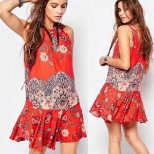 Free People Dobby Dot Flouncy Slip Vintage Combo Red Sleeveless Pockets Small